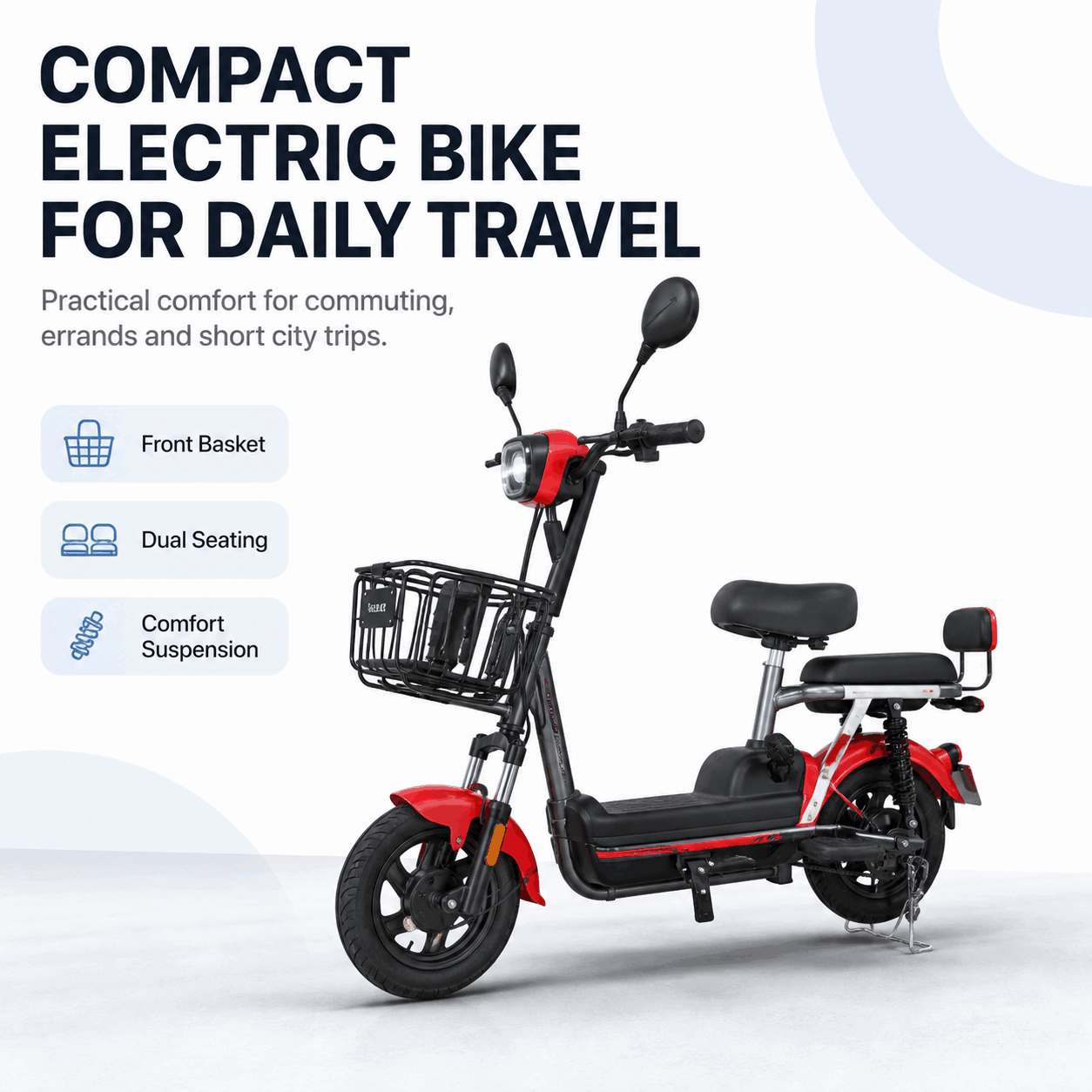 Compact Step-Through Electric Bike with Front Basket, Dual Seat and LED Display