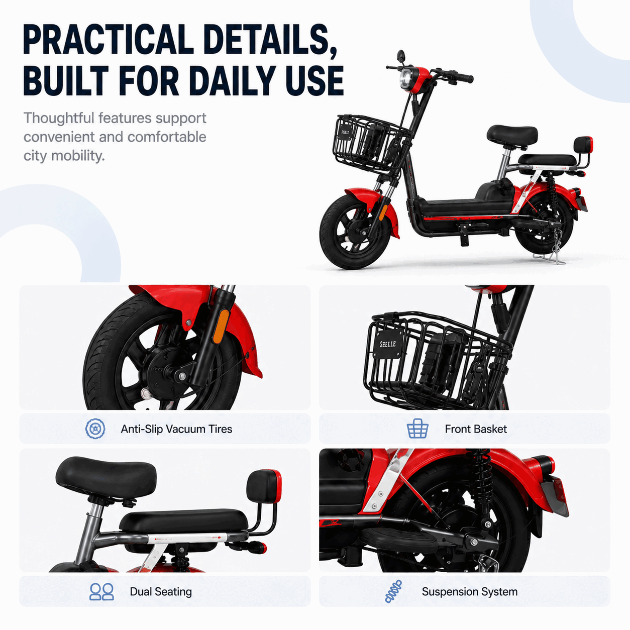 Compact Step-Through Electric Bike with Front Basket, Dual Seat and LED Display