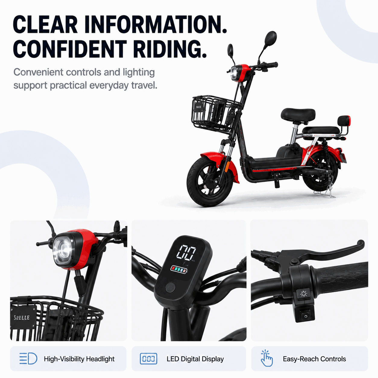 Compact Step-Through Electric Bike with Front Basket, Dual Seat and LED Display