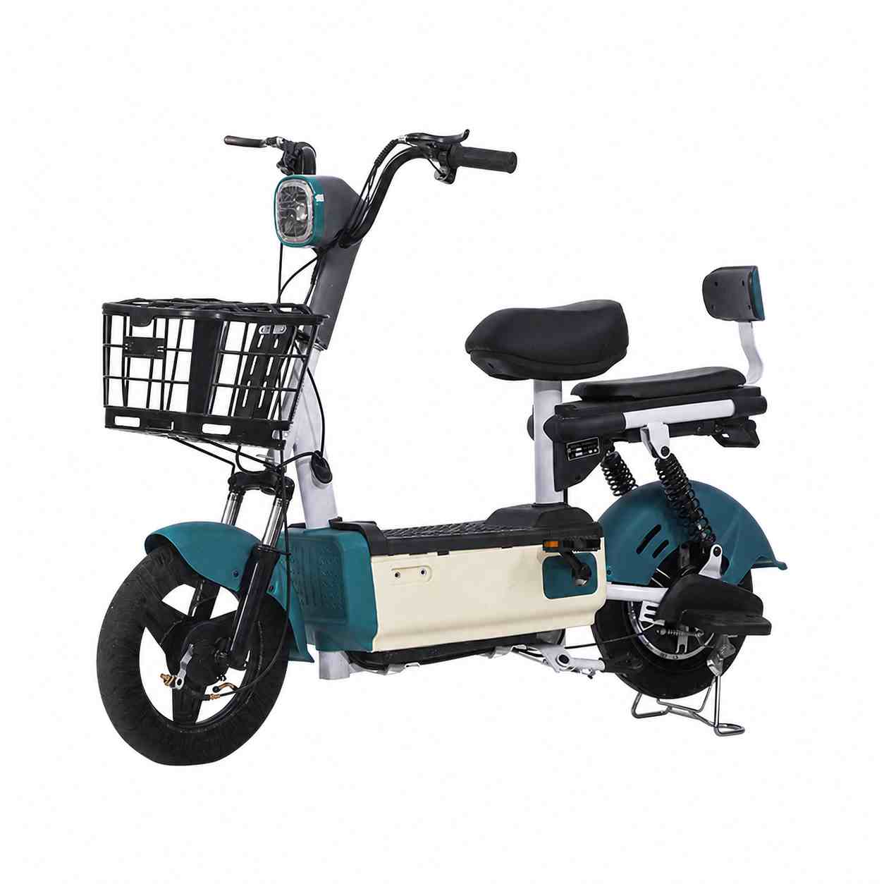 Compact Step-Through Electric Bike with Dual Seats, Front Basket and LED Display