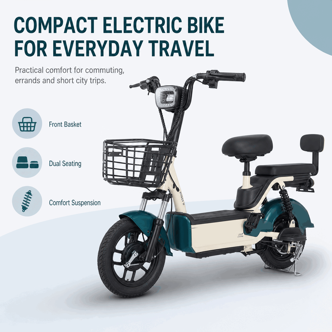 Compact Step-Through Electric Bike with Dual Seats, Front Basket and LED Display
