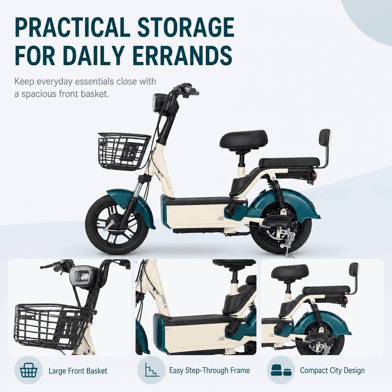 Compact Step-Through Electric Bike with Dual Seats, Front Basket and LED Display