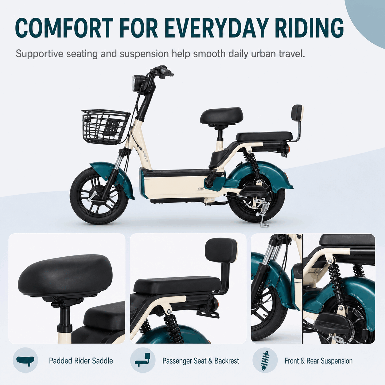Compact Step-Through Electric Bike with Dual Seats, Front Basket and LED Display