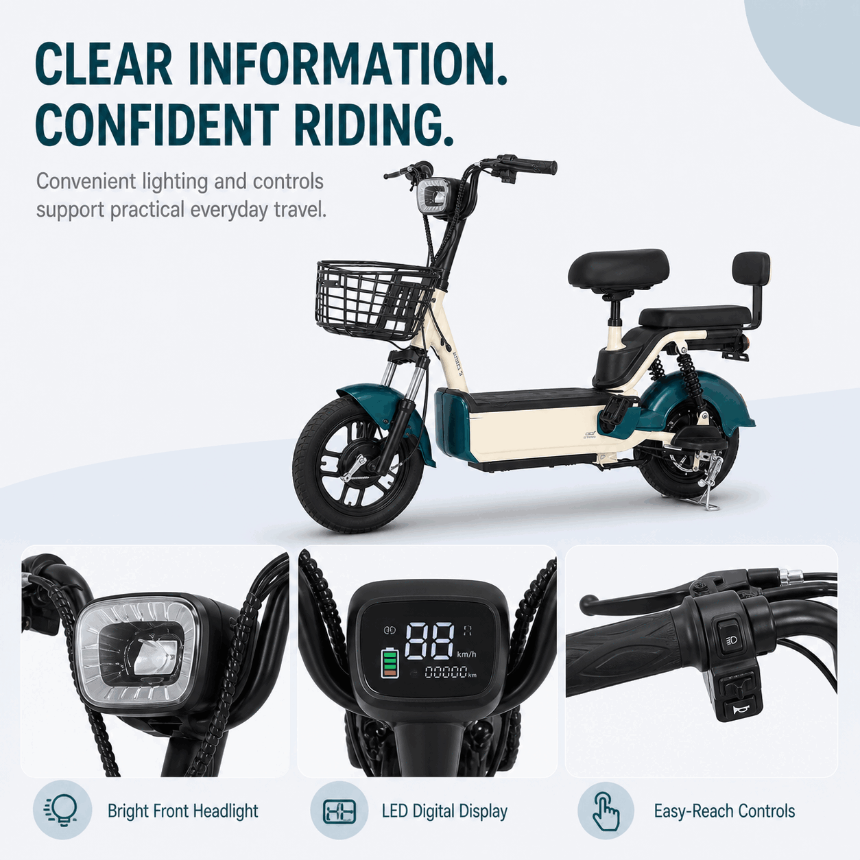 Compact Step-Through Electric Bike with Dual Seats, Front Basket and LED Display