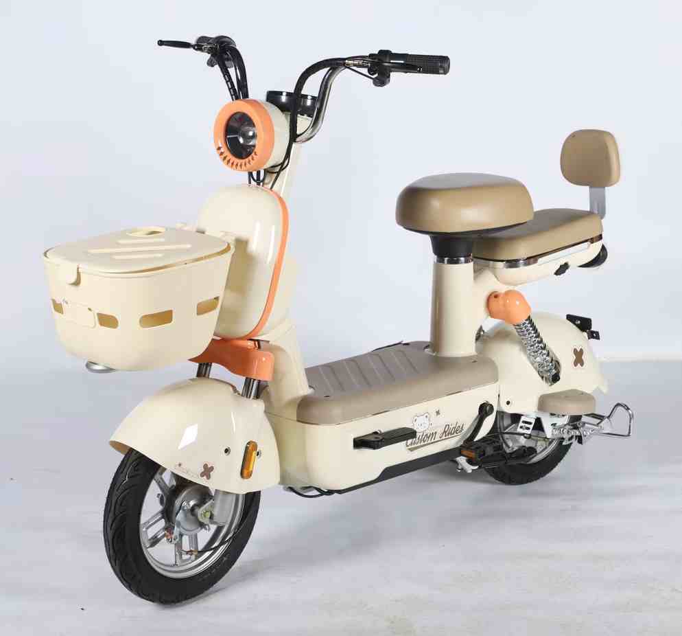 Compact Step-Through Electric Bike with Dual Seats, Front Basket and Comfort Suspension