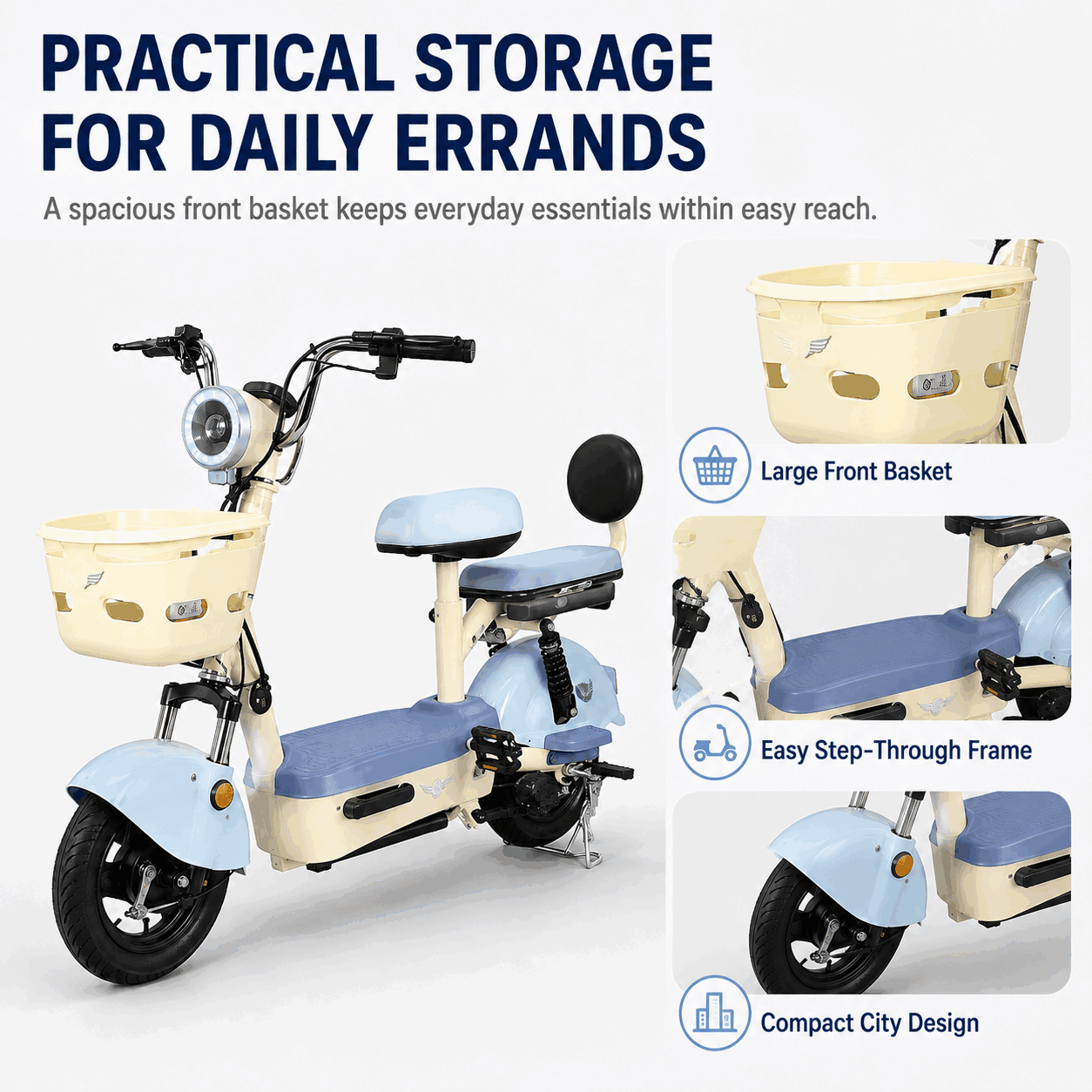 Compact Step-Through Electric Bike with Dual Seats, Front Basket and Comfort Suspension