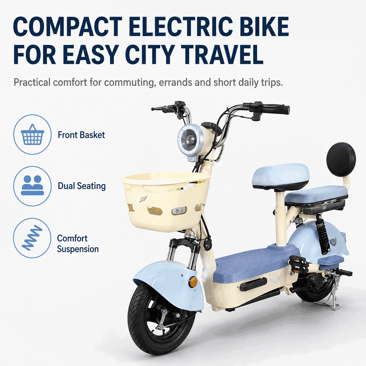Compact Step-Through Electric Bike with Dual Seats, Front Basket and Comfort Suspension