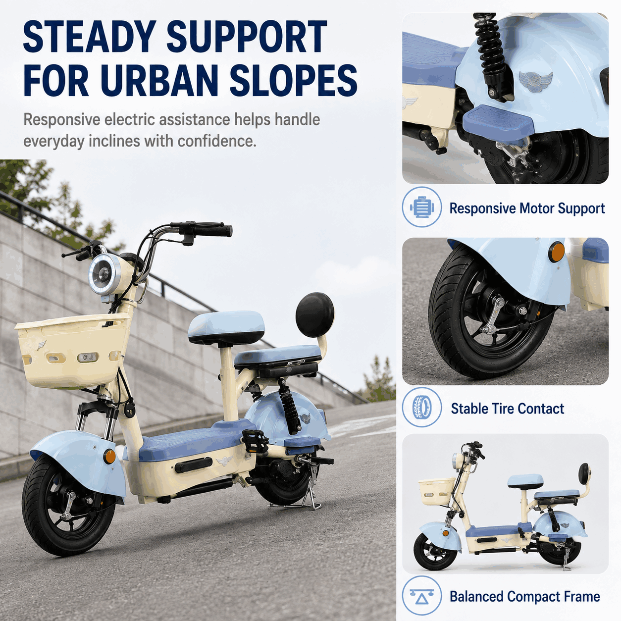 Compact Step-Through Electric Bike with Dual Seats, Front Basket and Comfort Suspension
