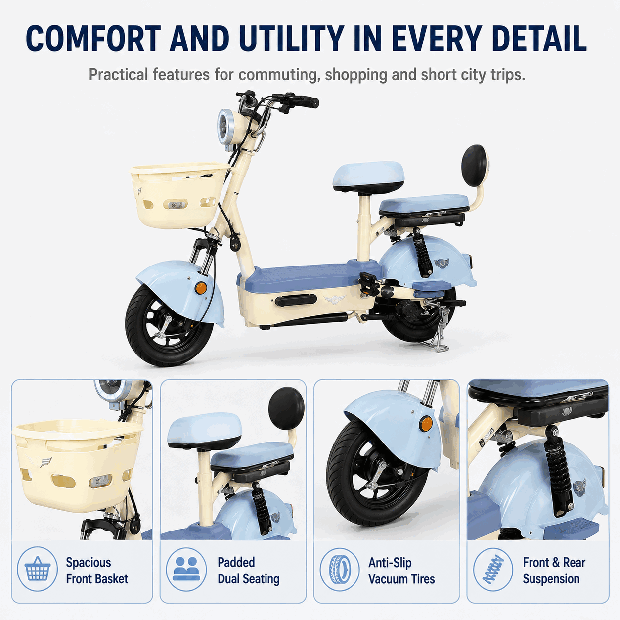 Compact Step-Through Electric Bike with Dual Seats, Front Basket and Comfort Suspension