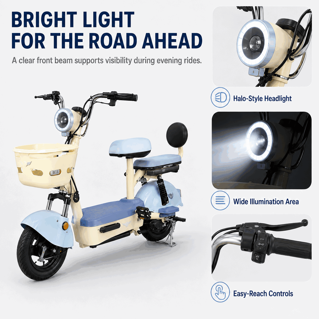 Compact Step-Through Electric Bike with Dual Seats, Front Basket and Comfort Suspension