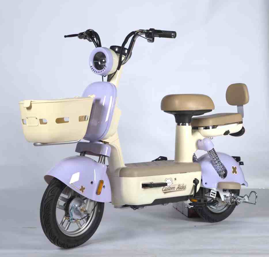 Compact Step-Through Electric Bike with Dual Seats, Front Basket and Comfort Suspension