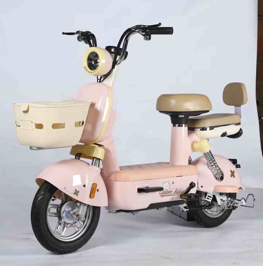 Compact Step-Through Electric Bike with Dual Seats, Front Basket and Comfort Suspension