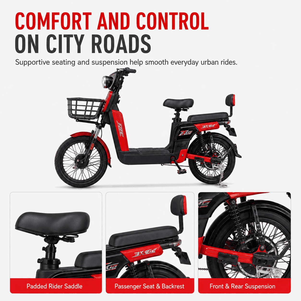 Large-Wheel Step-Through Electric Bike with Dual Seats, Front Basket and Suspension Large-Wheel Step-Through Electric Bike with Dual Seats, Front Basket and Suspension