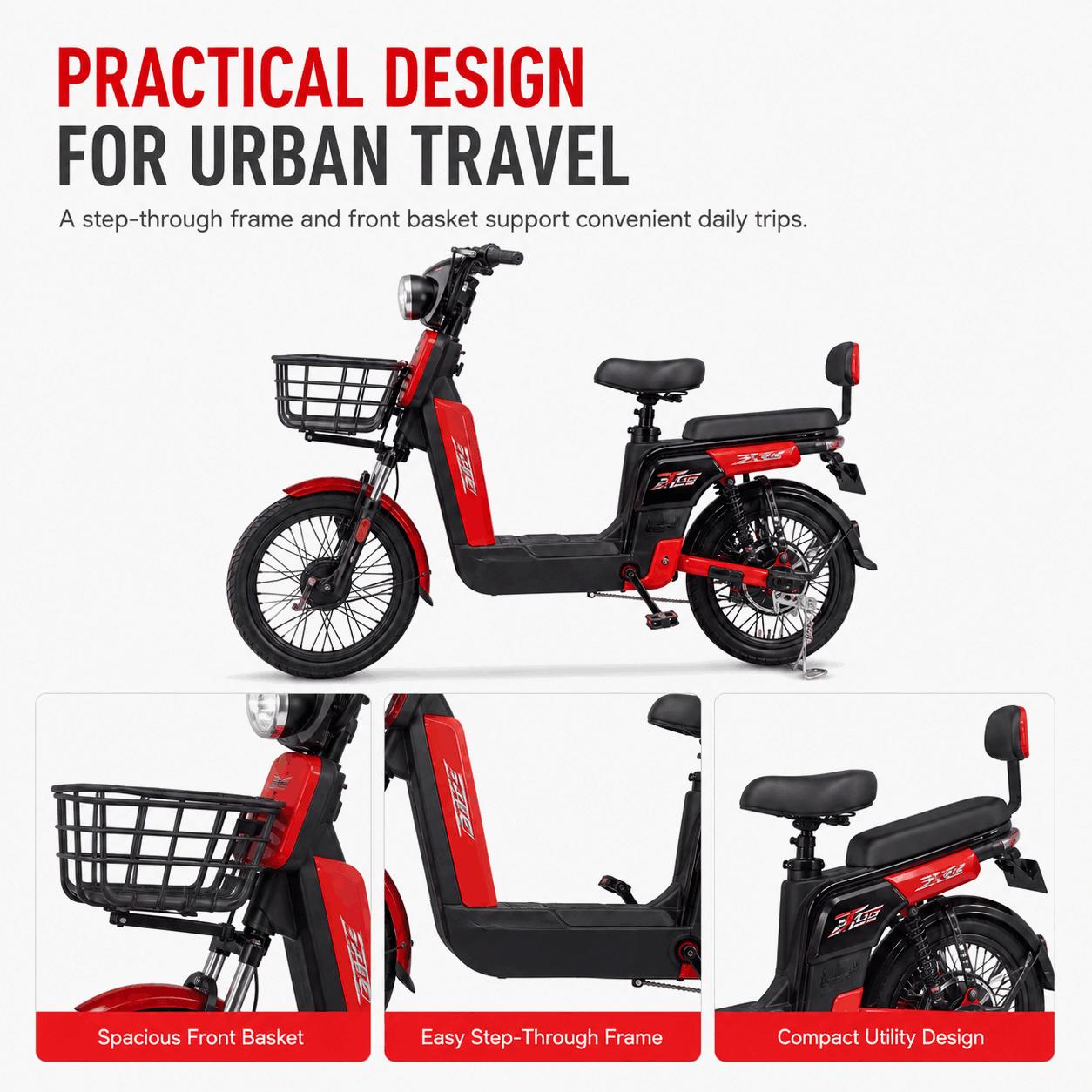 Large-Wheel Step-Through Electric Bike with Dual Seats, Front Basket and Suspension Large-Wheel Step-Through Electric Bike with Dual Seats, Front Basket and Suspension