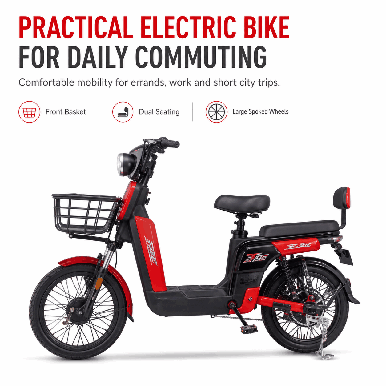 Large-Wheel Step-Through Electric Bike with Dual Seats, Front Basket and Suspension Large-Wheel Step-Through Electric Bike with Dual Seats, Front Basket and Suspension