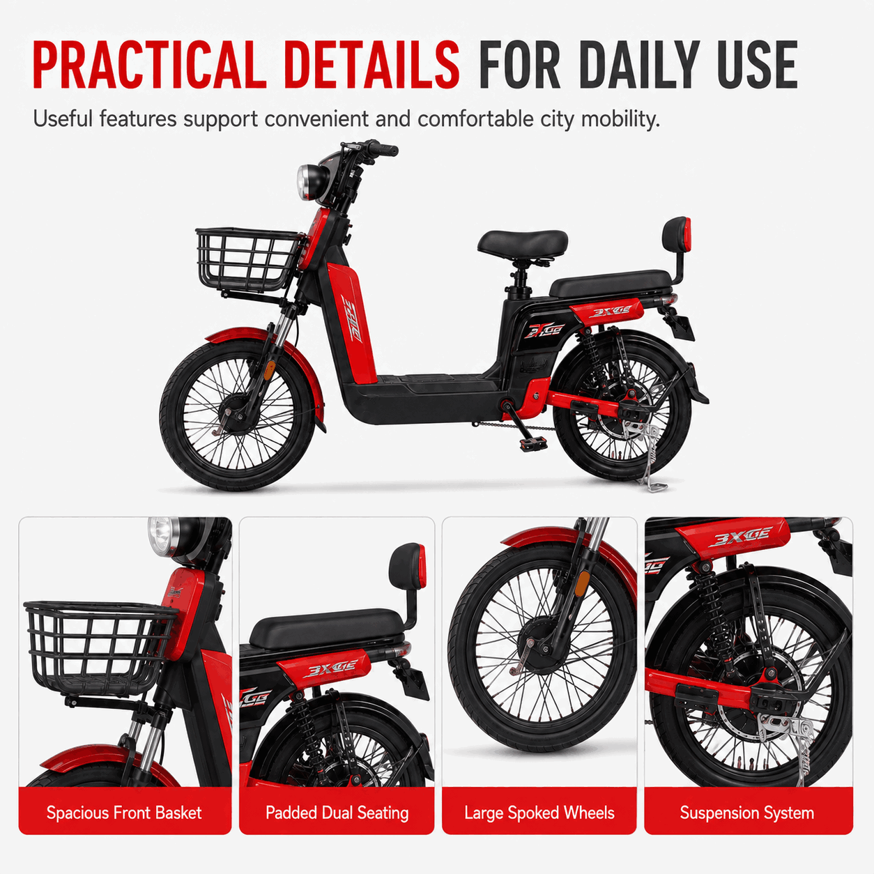 Large-Wheel Step-Through Electric Bike with Dual Seats, Front Basket and Suspension Large-Wheel Step-Through Electric Bike with Dual Seats, Front Basket and Suspension