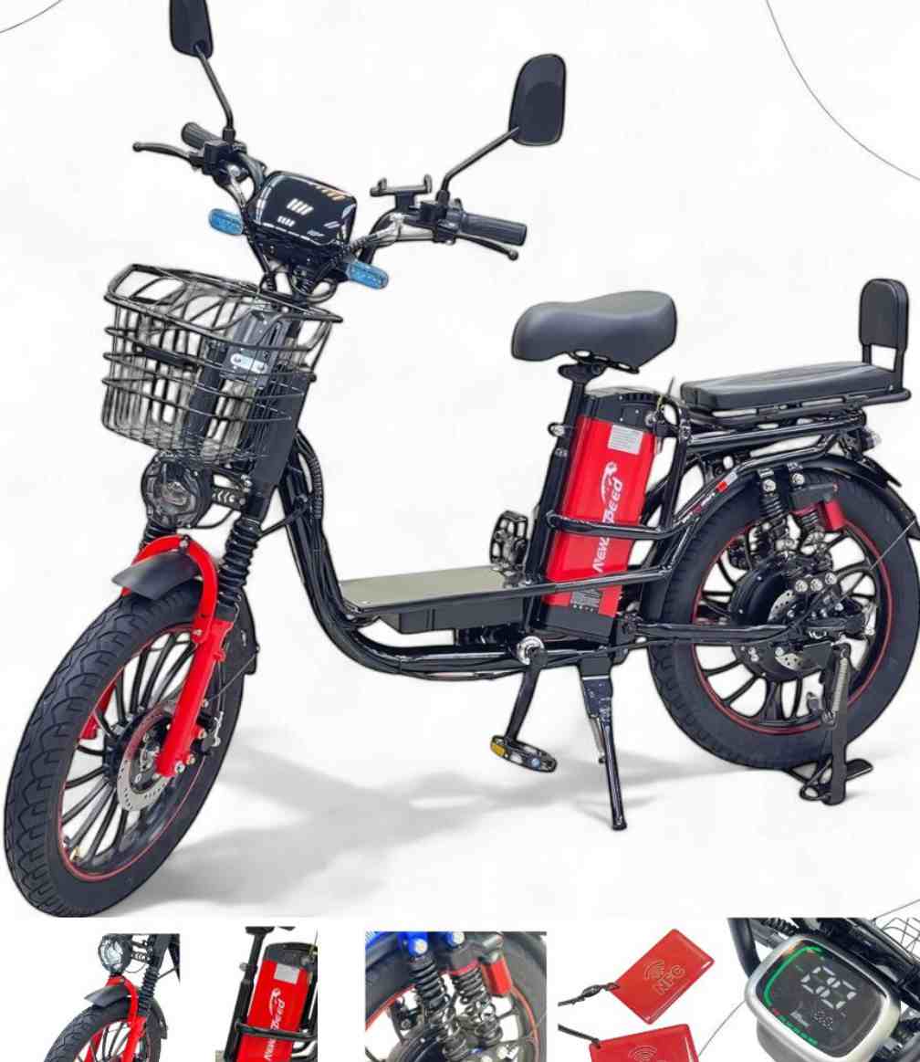 Large-Wheel Step-Through Electric Bike with Dual Seats, Front Basket and Suspension