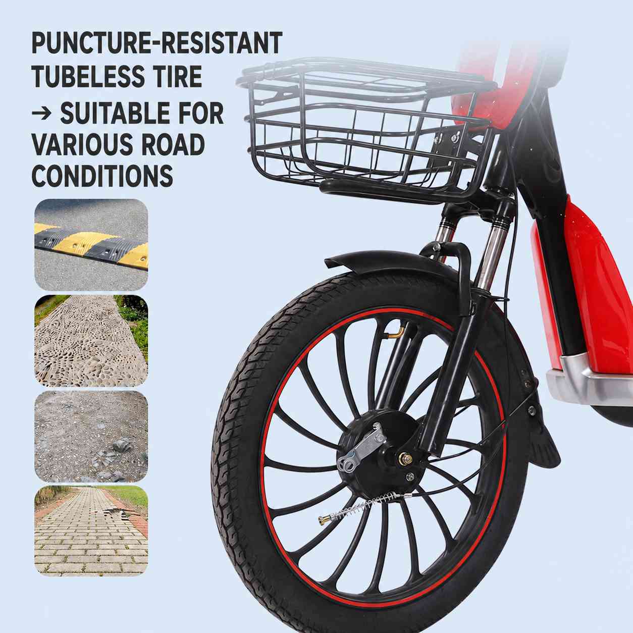 Large-Wheel Step-Through Electric Bike with Dual Seats, Front Basket and Suspension