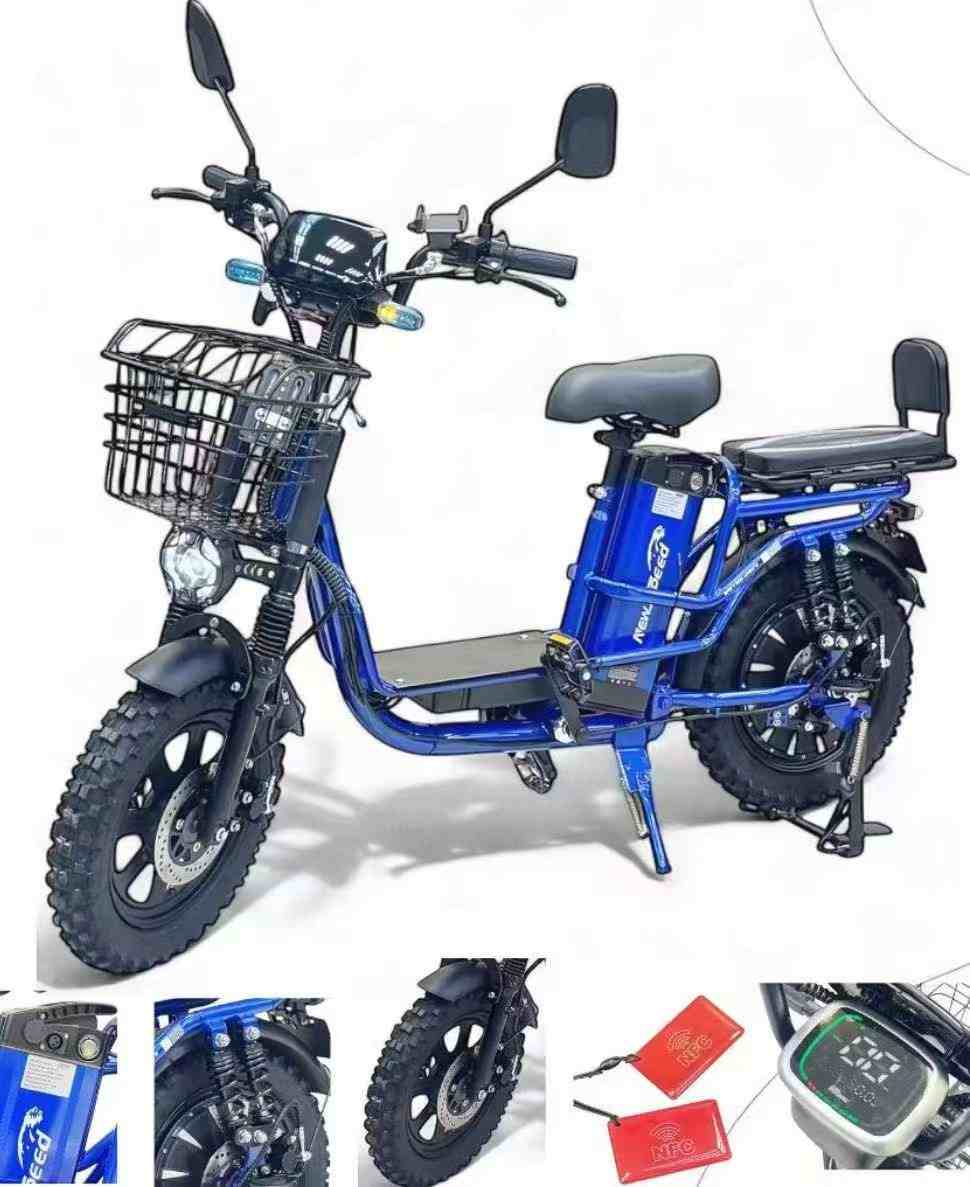 Large-Wheel Step-Through Electric Bike with Dual Seats, Front Basket and Suspension