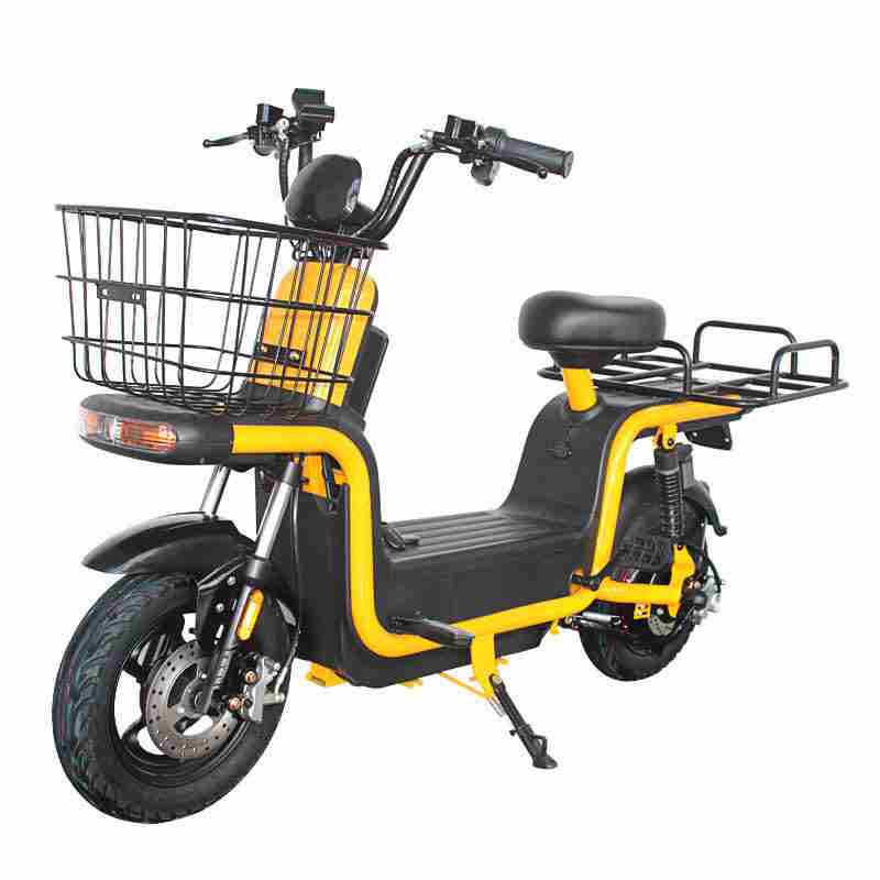Compact Dual-Seat Step-Through Electric Bike with Front Basket and Pedal Assist