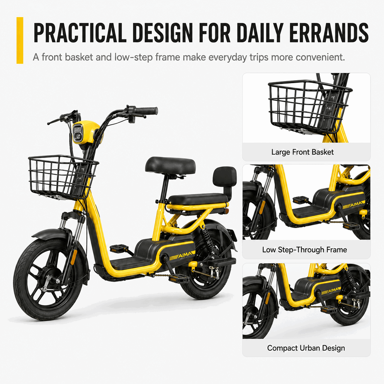 Compact Dual-Seat Step-Through Electric Bike with Front Basket and Pedal Assist