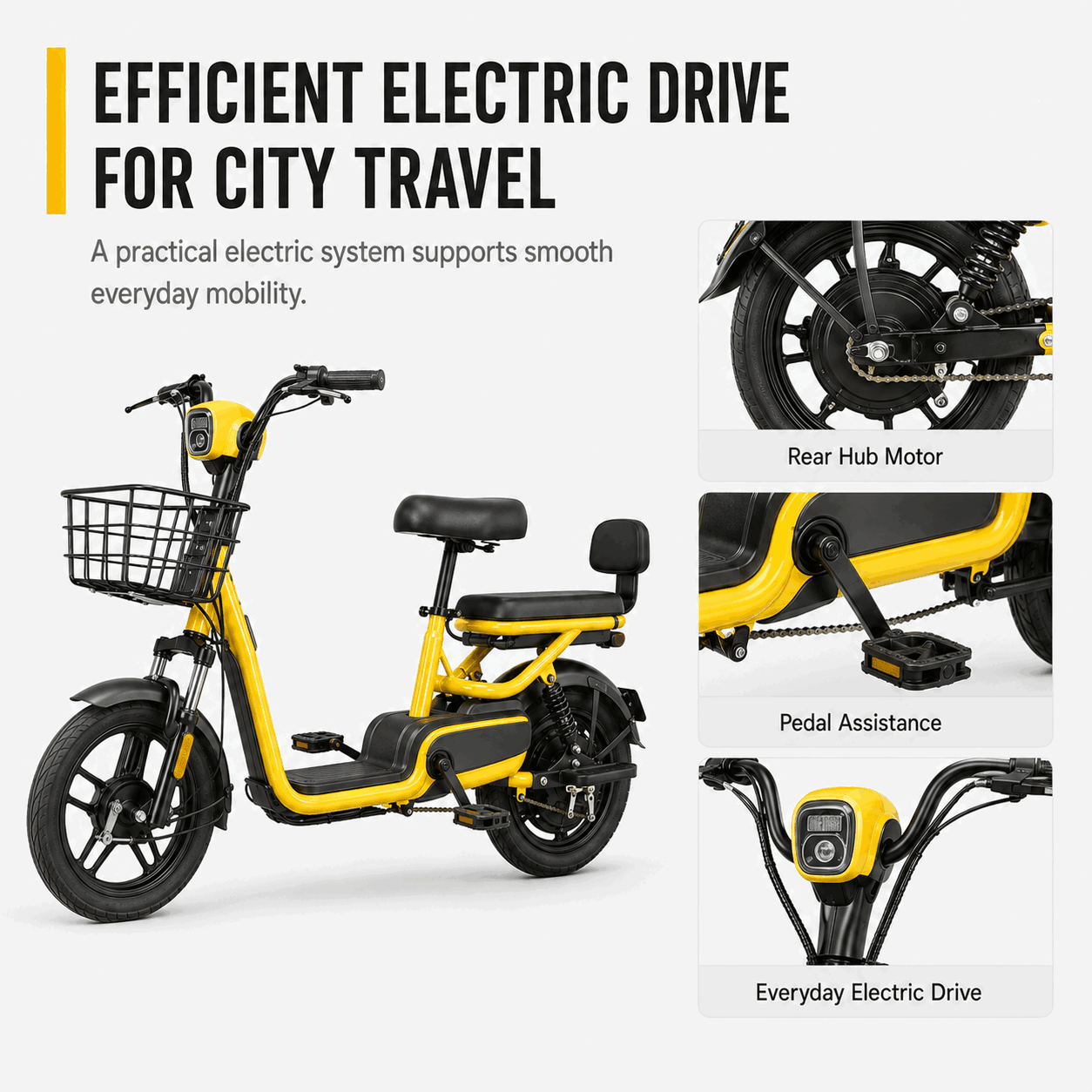 Compact Dual-Seat Step-Through Electric Bike with Front Basket and Pedal Assist