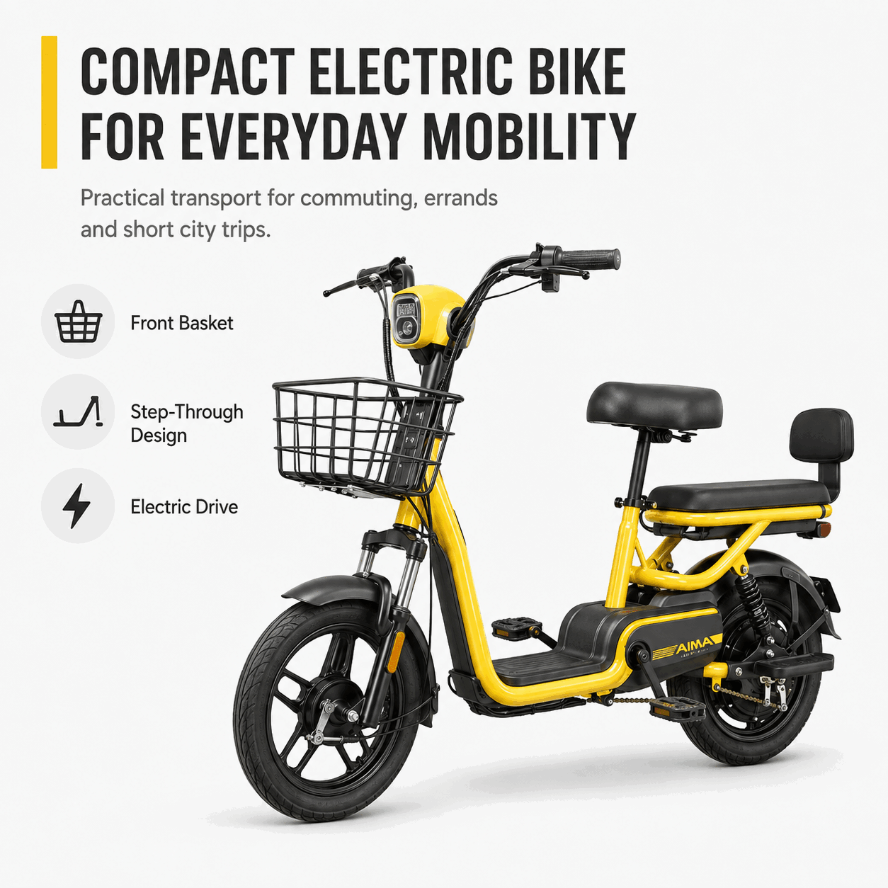 Compact Dual-Seat Step-Through Electric Bike with Front Basket and Pedal Assist
