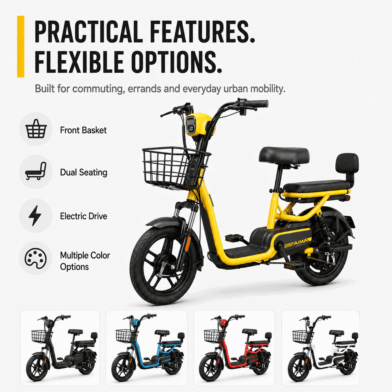 Compact Dual-Seat Step-Through Electric Bike with Front Basket and Pedal Assist