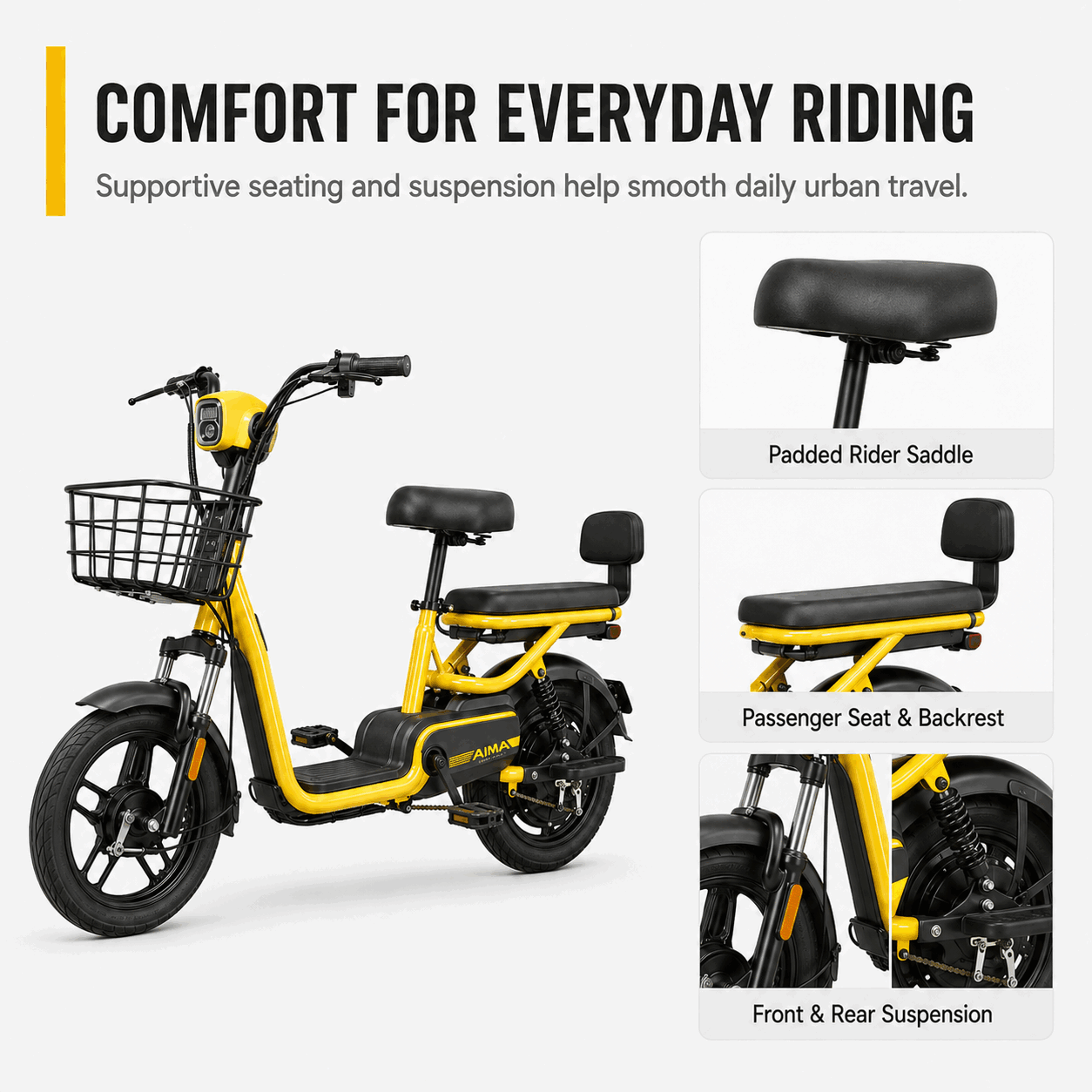 Compact Dual-Seat Step-Through Electric Bike with Front Basket and Pedal Assist