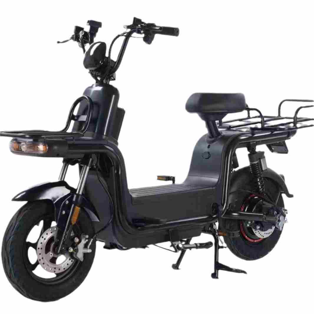 Compact Dual-Seat Step-Through Electric Bike with Front Basket and Pedal Assist
