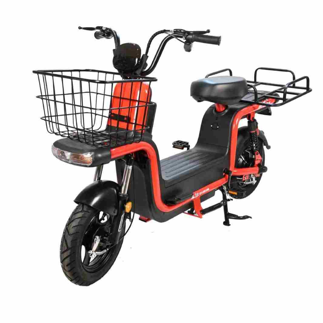 Compact Dual-Seat Step-Through Electric Bike with Front Basket and Pedal Assist