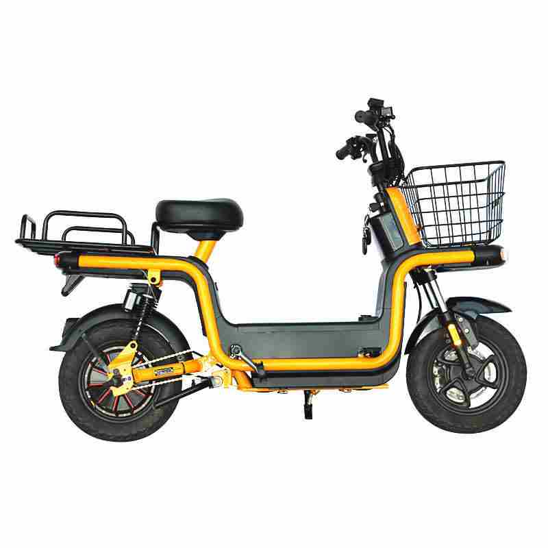 Compact Dual-Seat Step-Through Electric Bike with Front Basket and Pedal Assist