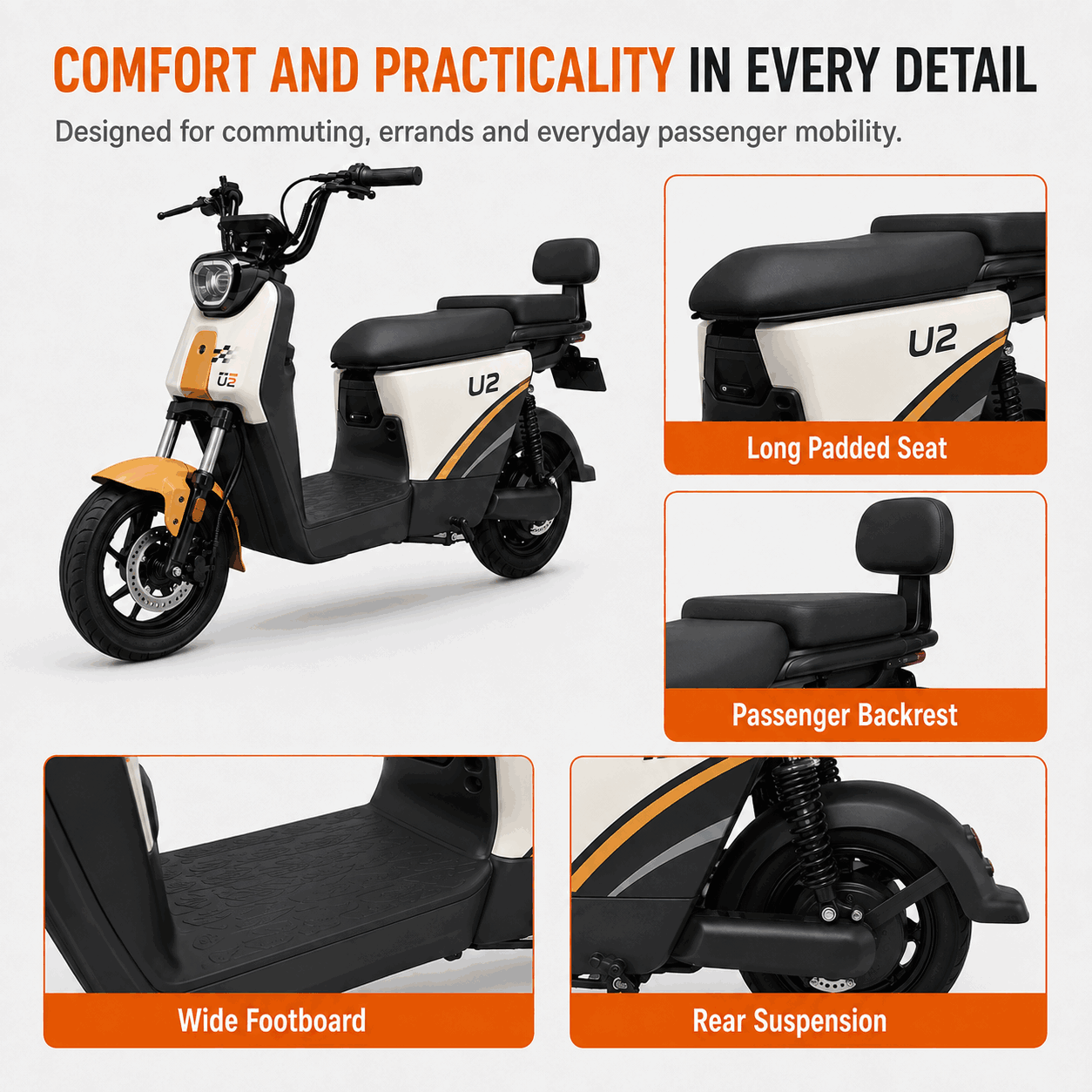 U2 Dual-Seat Electric Scooter with Brushless Motor, LED Headlight and Disc Brake