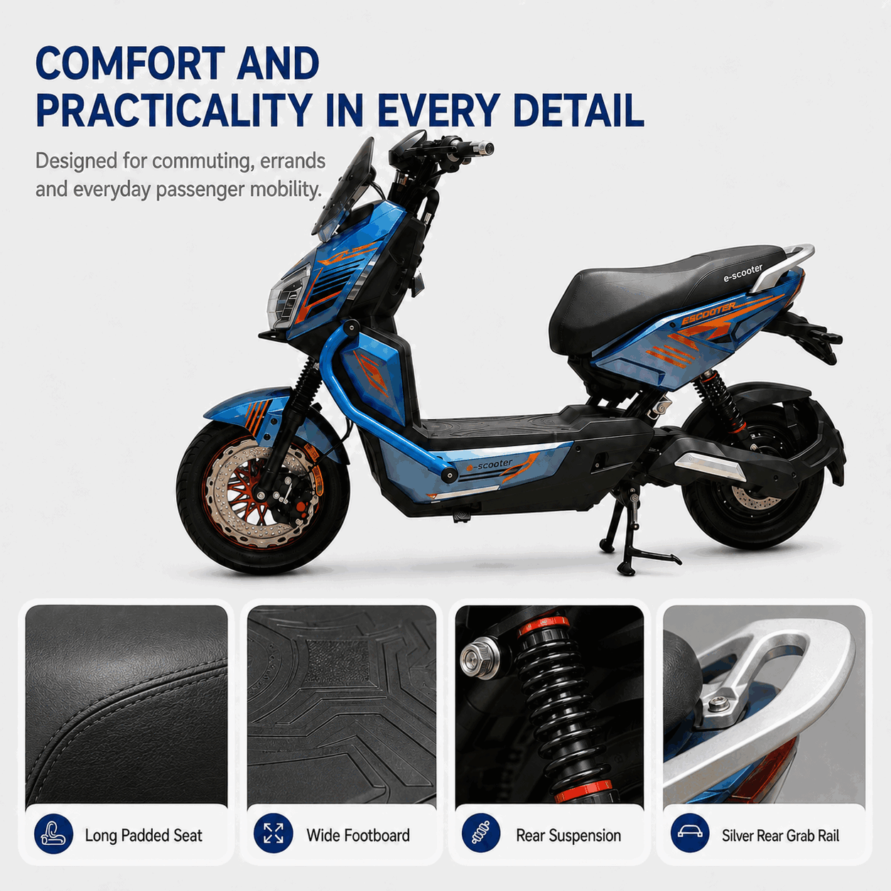 Sport Electric Scooter with Dual Disc Brakes, Wide Tires and Twin Rear Suspension Sport Electric Scooter with Dual Disc Brakes, Wide Tires and Twin Rear Suspension