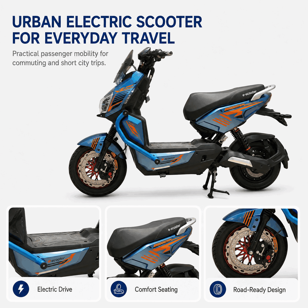 Sport Electric Scooter with Dual Disc Brakes, Wide Tires and Twin Rear Suspension Sport Electric Scooter with Dual Disc Brakes, Wide Tires and Twin Rear Suspension