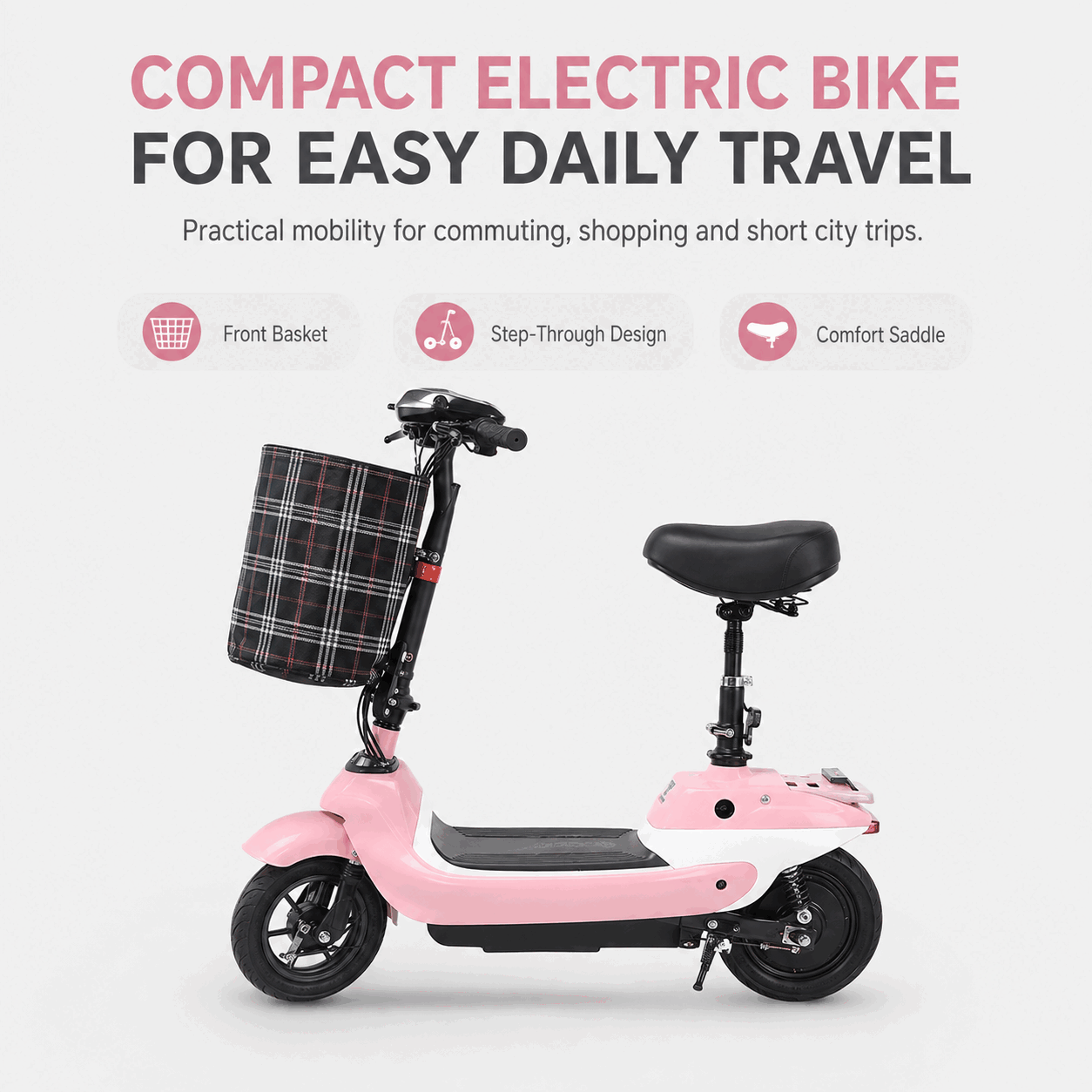 Compact Step-Through Electric Bike with Large Front Basket for City Commuting