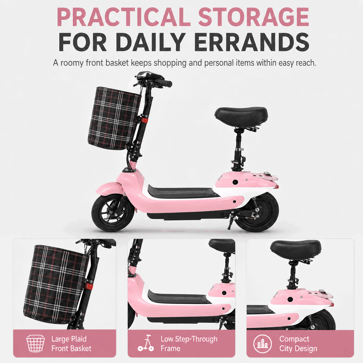 Compact Step-Through Electric Bike with Large Front Basket for City Commuting