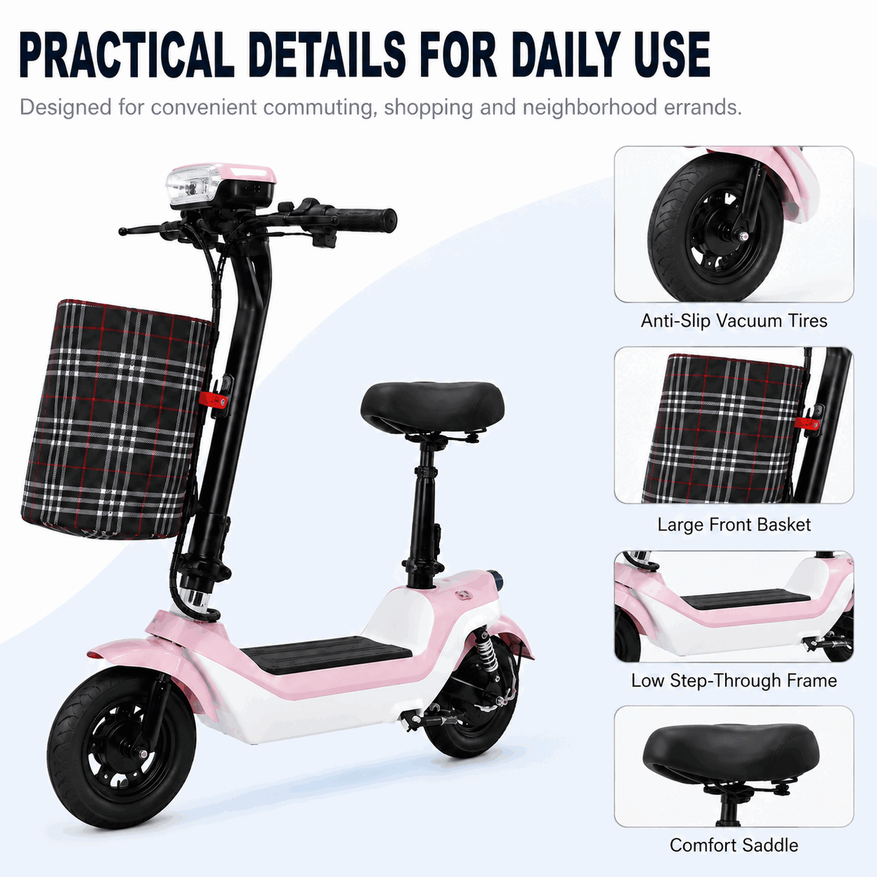 Compact Step-Through Electric Bike with Large Front Basket for City Commuting