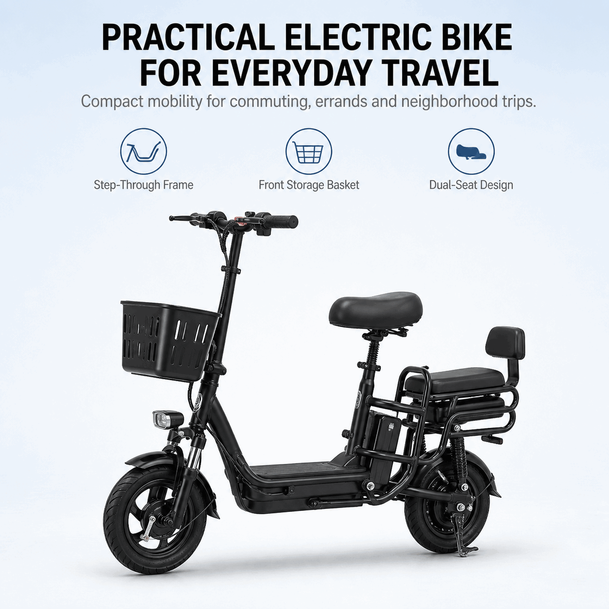 Compact Dual-Seat Electric Bike with Front Basket for Urban Commuting