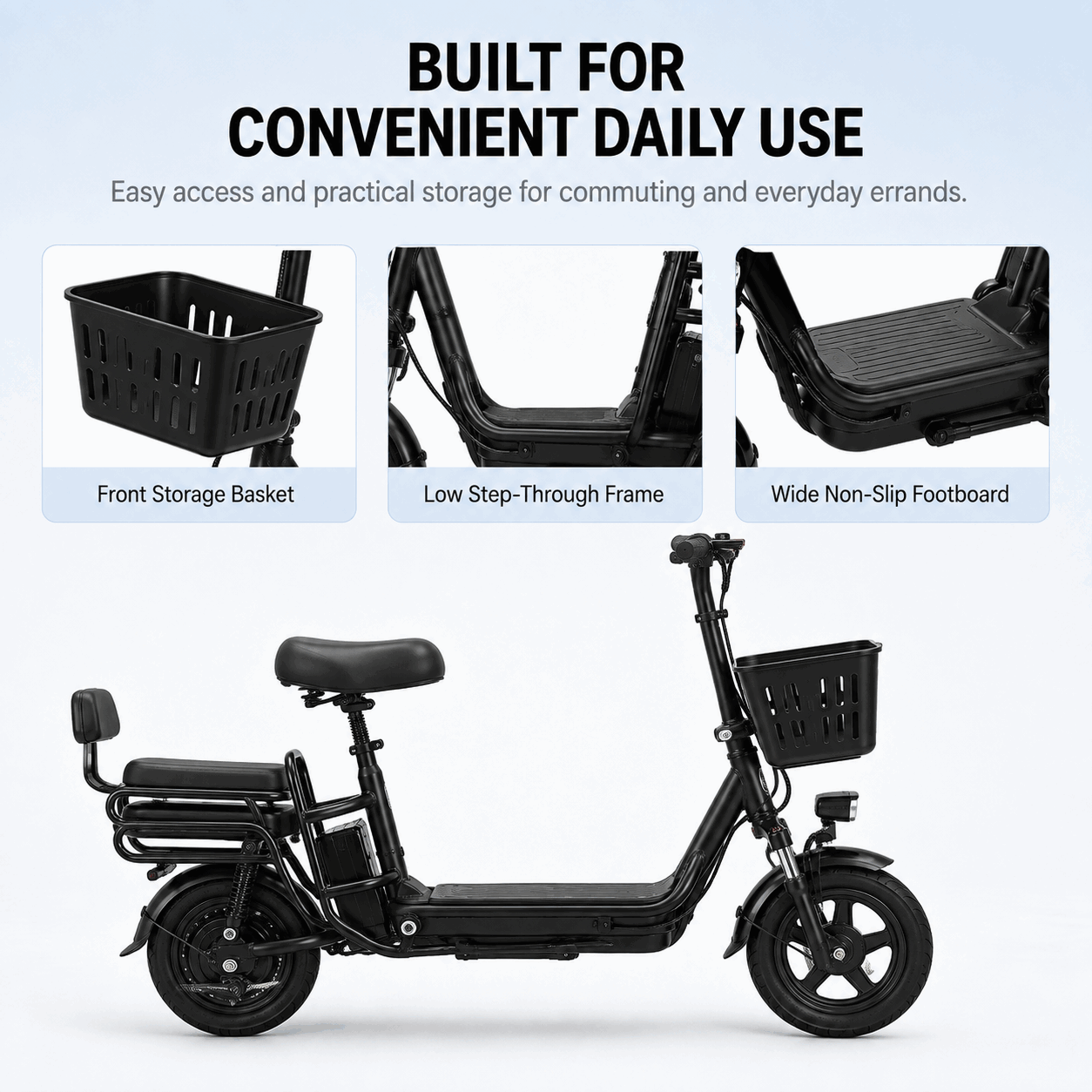 Compact Dual-Seat Electric Bike with Front Basket for Urban Commuting