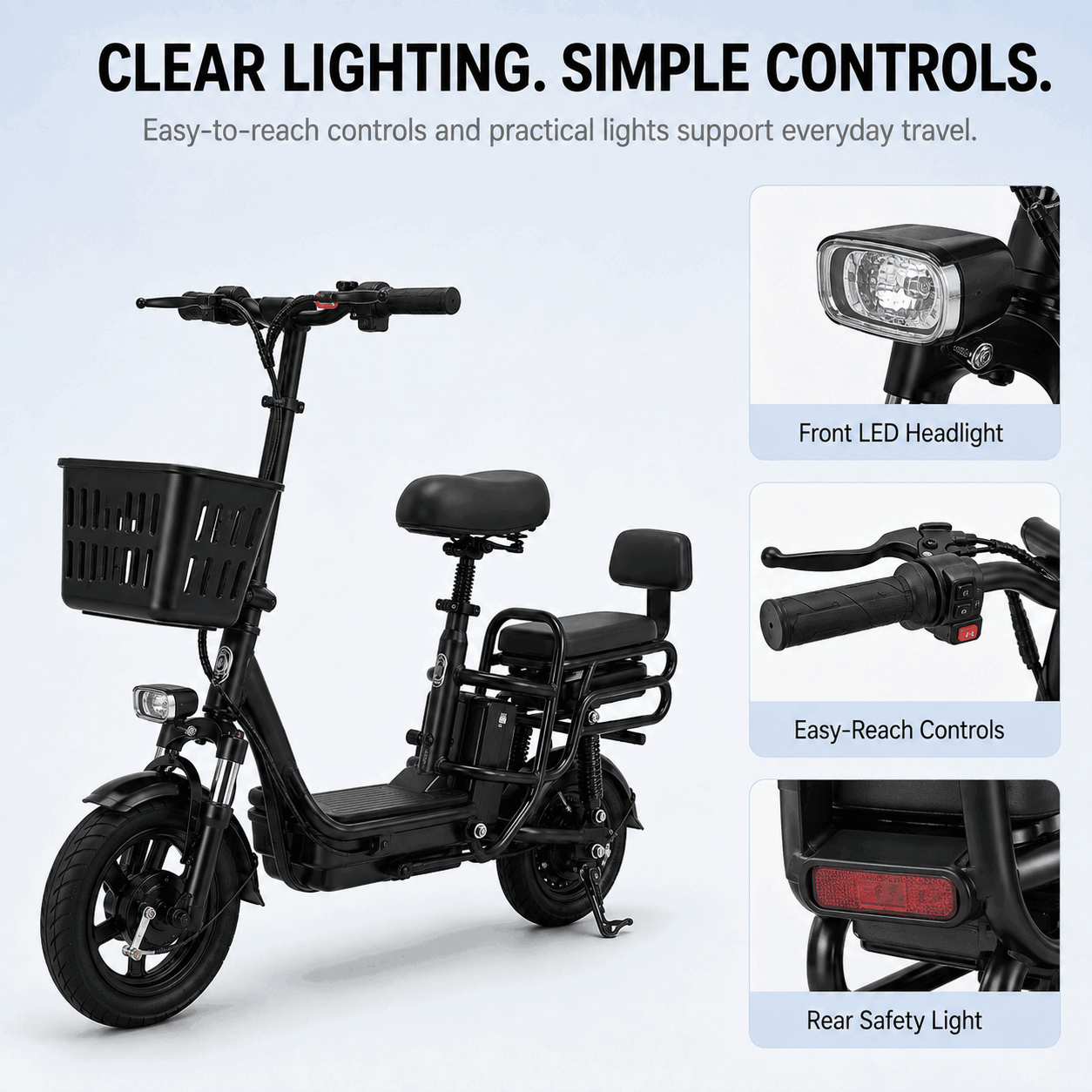 Compact Dual-Seat Electric Bike with Front Basket for Urban Commuting