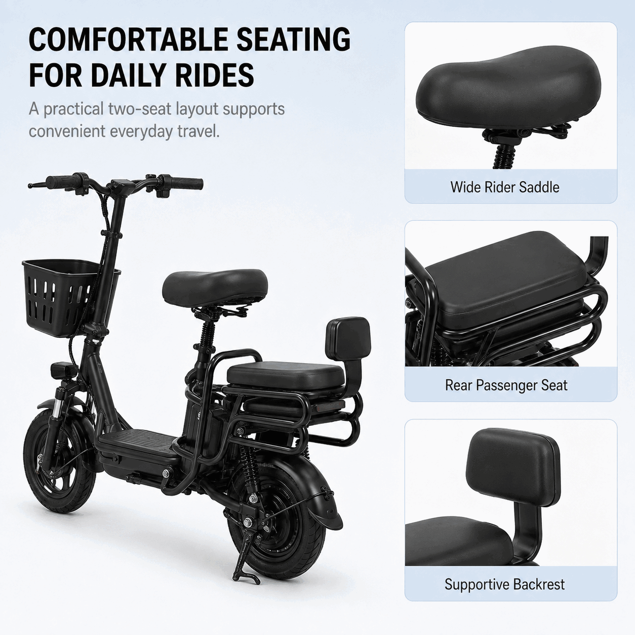 Compact Dual-Seat Electric Bike with Front Basket for Urban Commuting