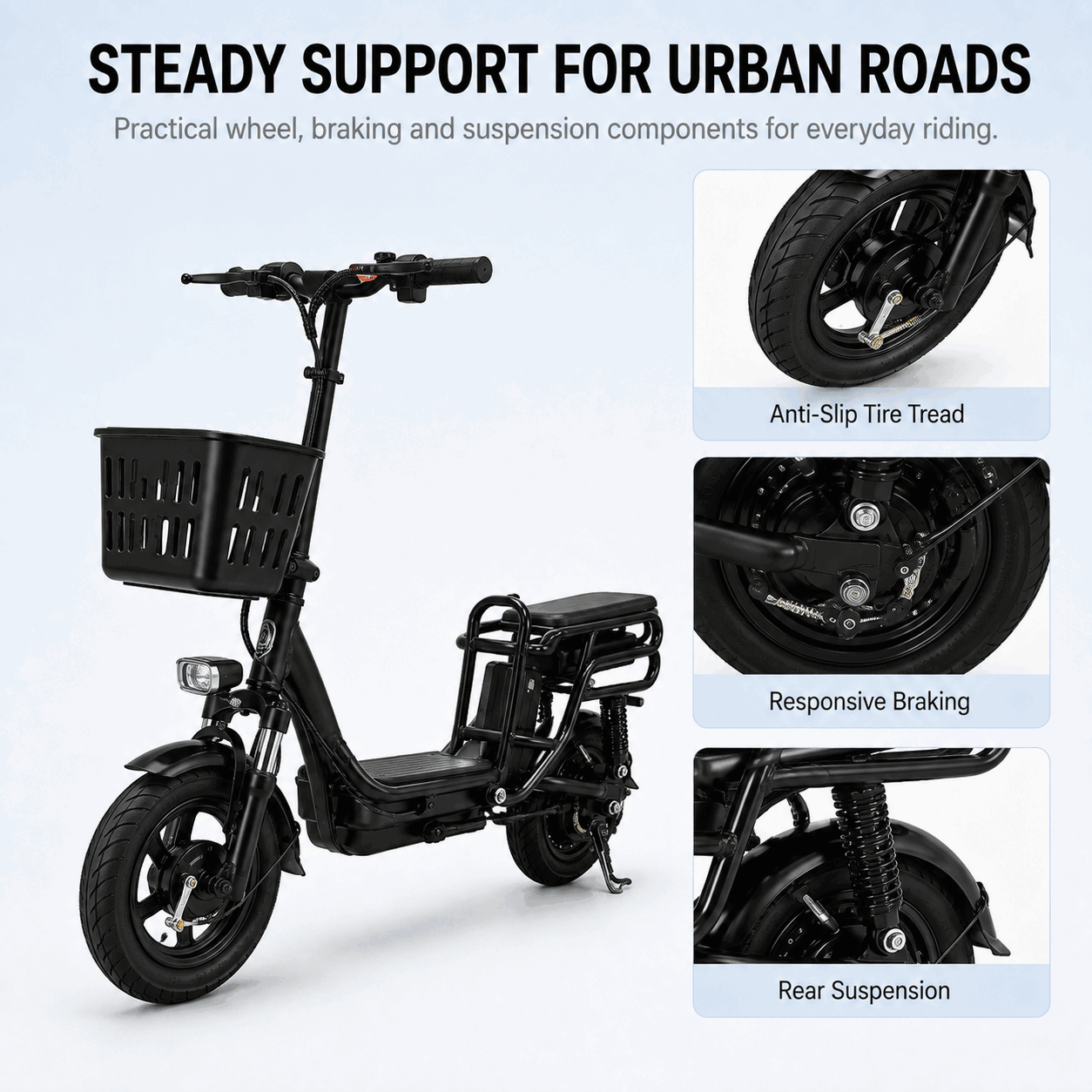 Compact Dual-Seat Electric Bike with Front Basket for Urban Commuting