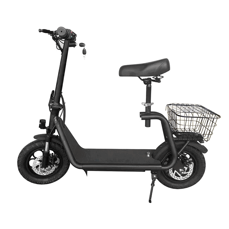 14-Inch Foldable Seated Electric Scooter with Rear Basket and Dual Disc Brakes