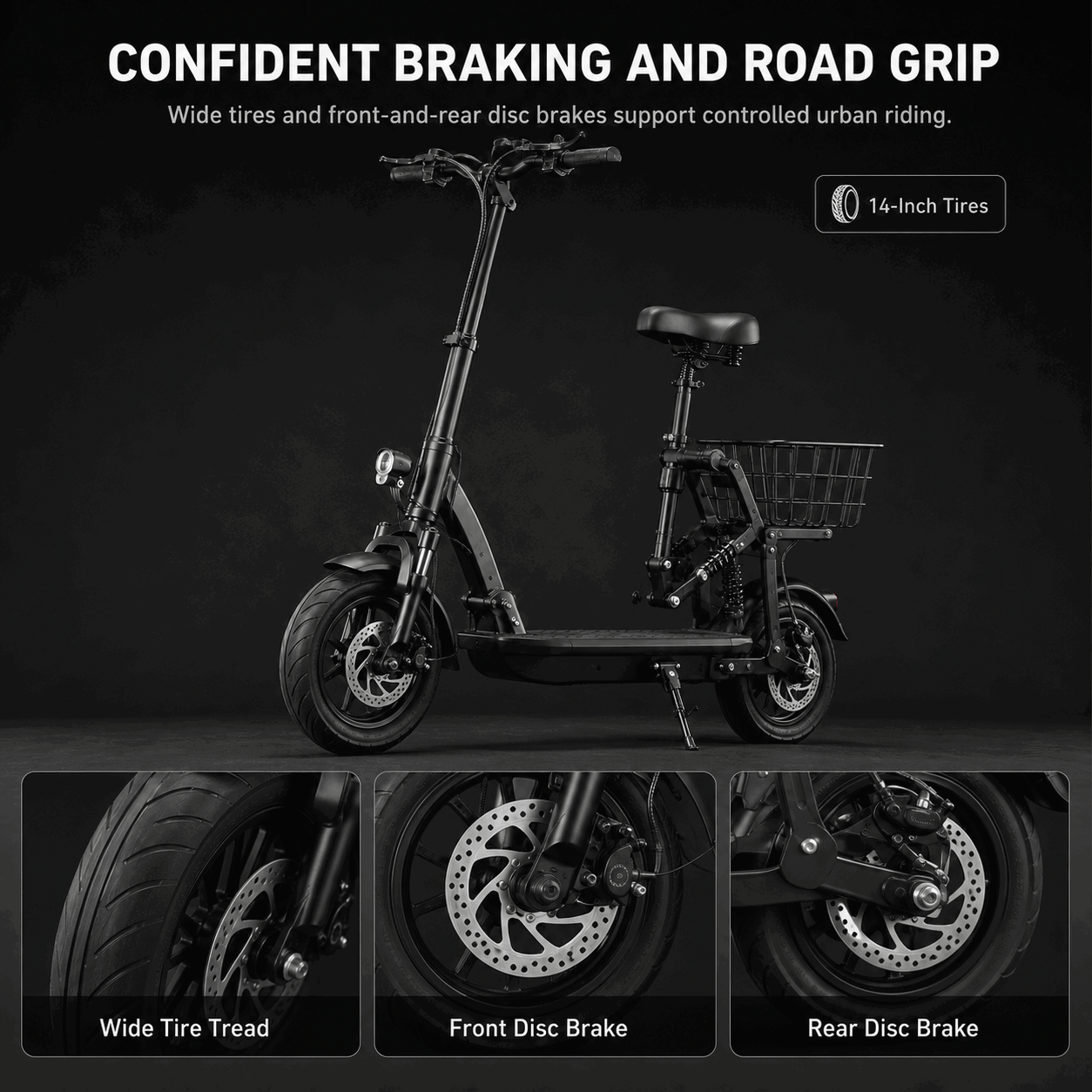 14-Inch Foldable Seated Electric Scooter with Rear Basket and Dual Disc Brakes