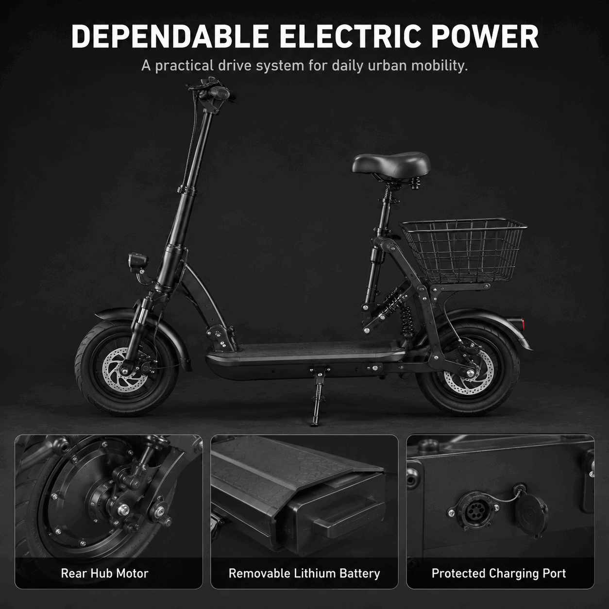 14-Inch Foldable Seated Electric Scooter with Rear Basket and Dual Disc Brakes