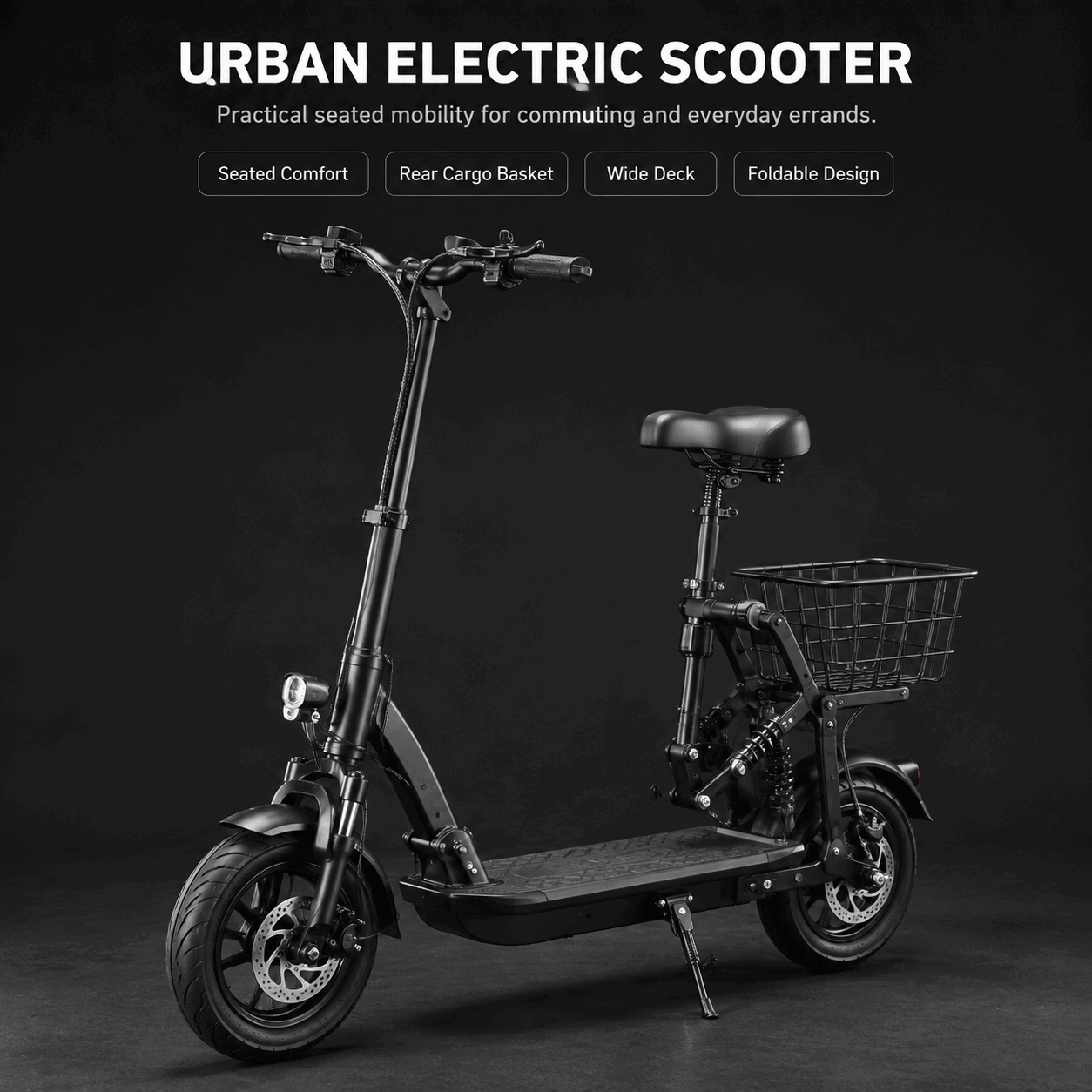 14-Inch Foldable Seated Electric Scooter with Rear Basket and Dual Disc Brakes