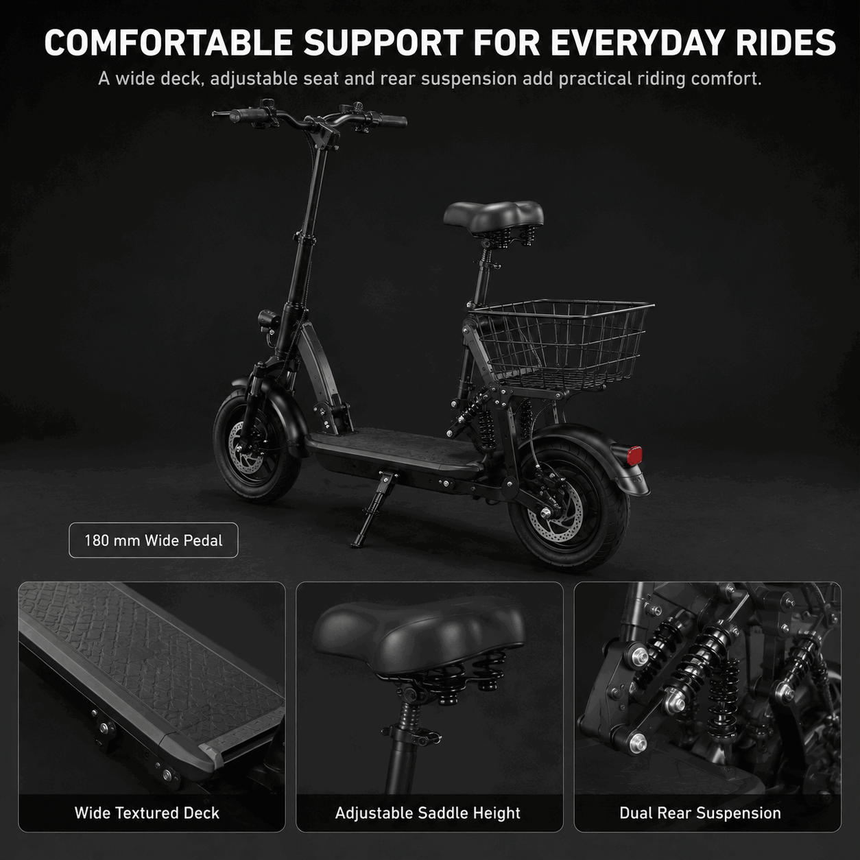 14-Inch Foldable Seated Electric Scooter with Rear Basket and Dual Disc Brakes