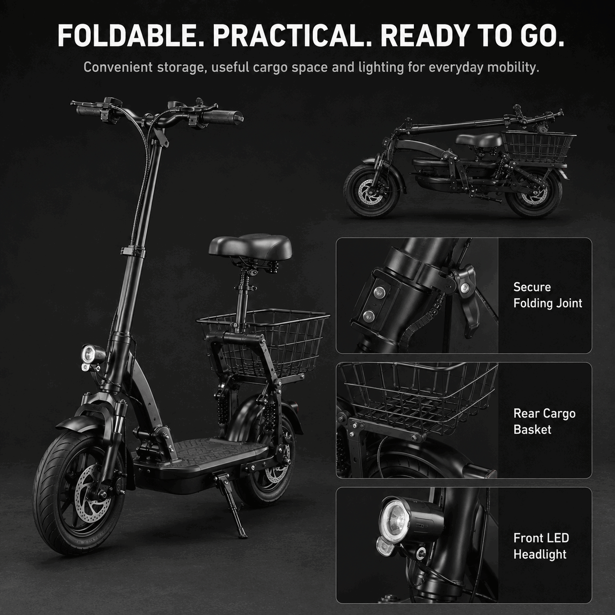 14-Inch Foldable Seated Electric Scooter with Rear Basket and Dual Disc Brakes