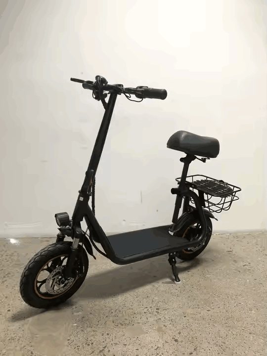 14-Inch Foldable Seated Electric Scooter with Rear Basket and Dual Disc Brakes